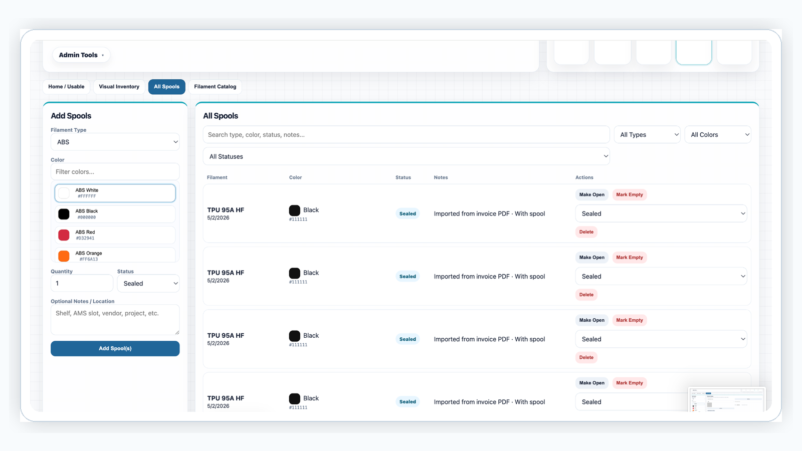 Filament catalog with material types, colors, and hex values