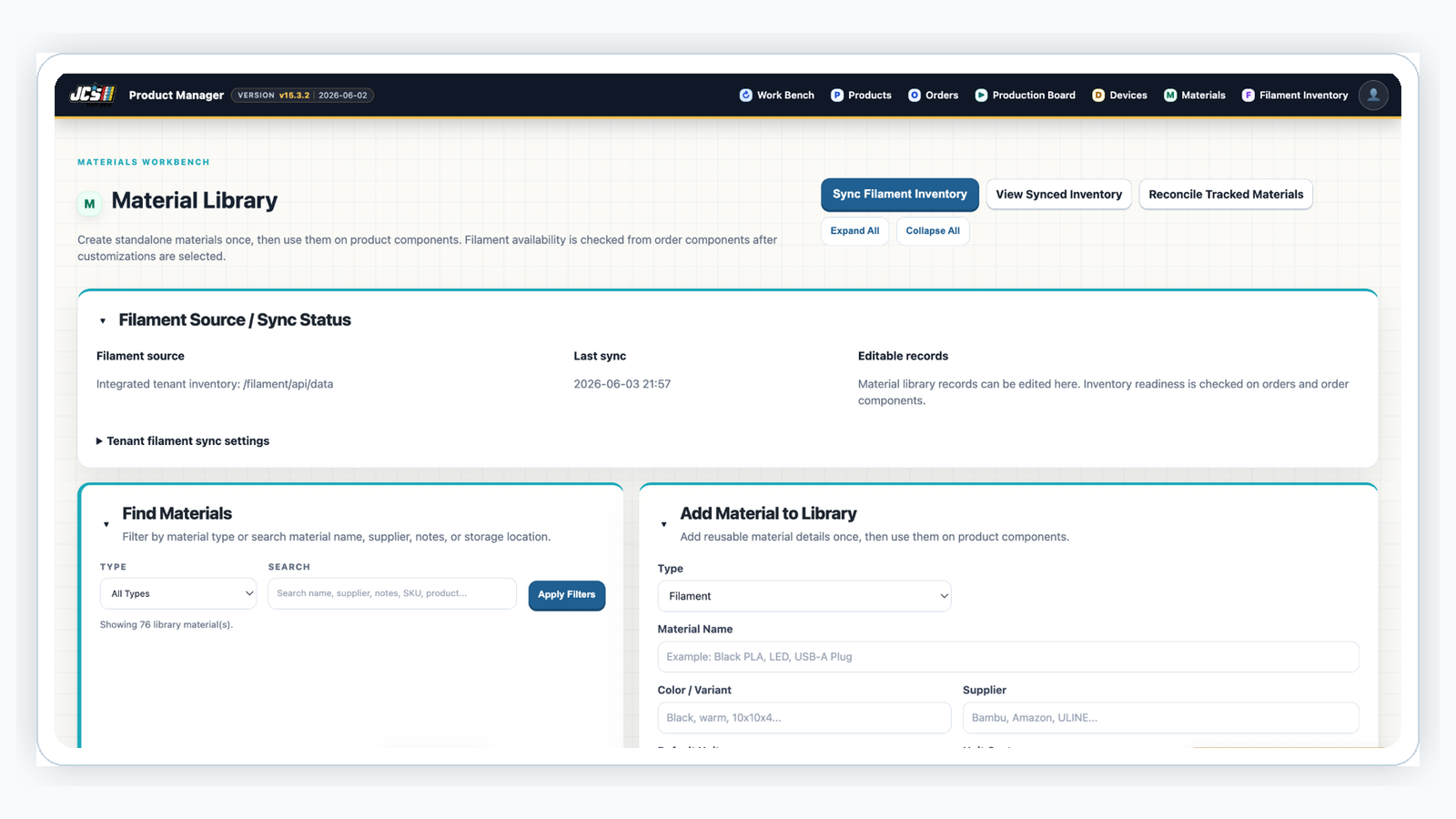 Inventory workflow showing material lifecycle movement